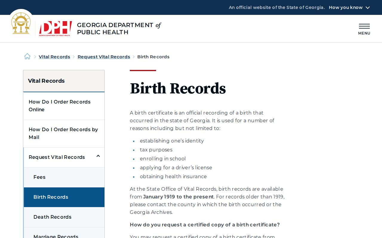 Carrollton previous residents Georgia birth record request page
