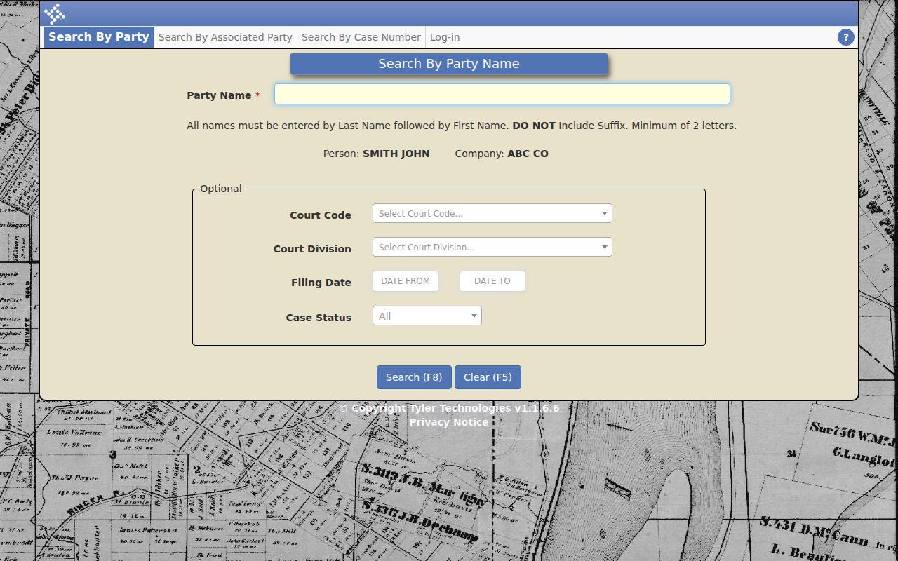 Carroll County court Search by Party screen for a Carrollton resident lookup