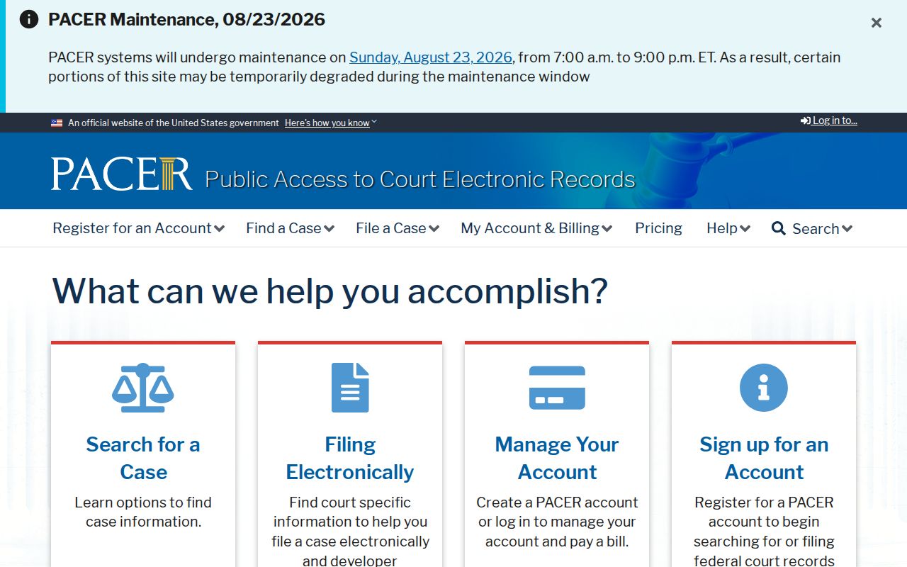 PACER federal court records access screen for a Carrollton name search