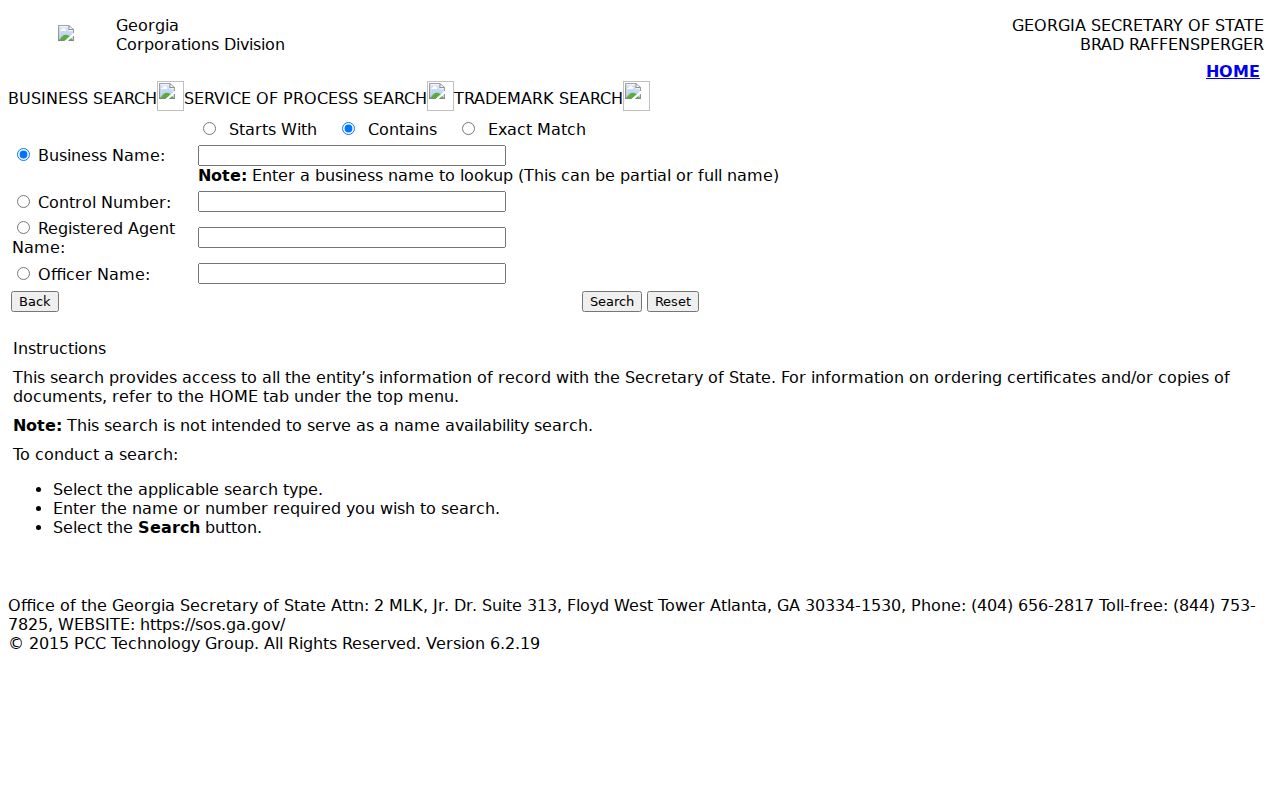 Georgia Corporations Division business search used to verify a Carrollton affiliation