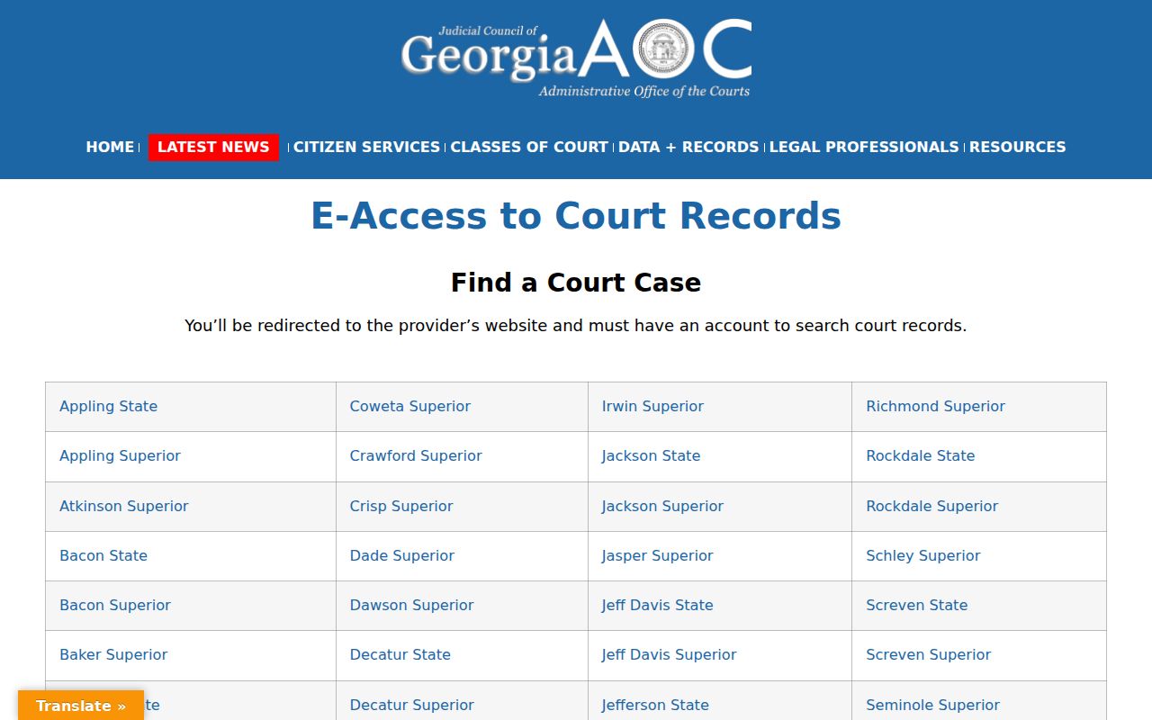Georgia Courts official electronic court records access page for Carrollton searches